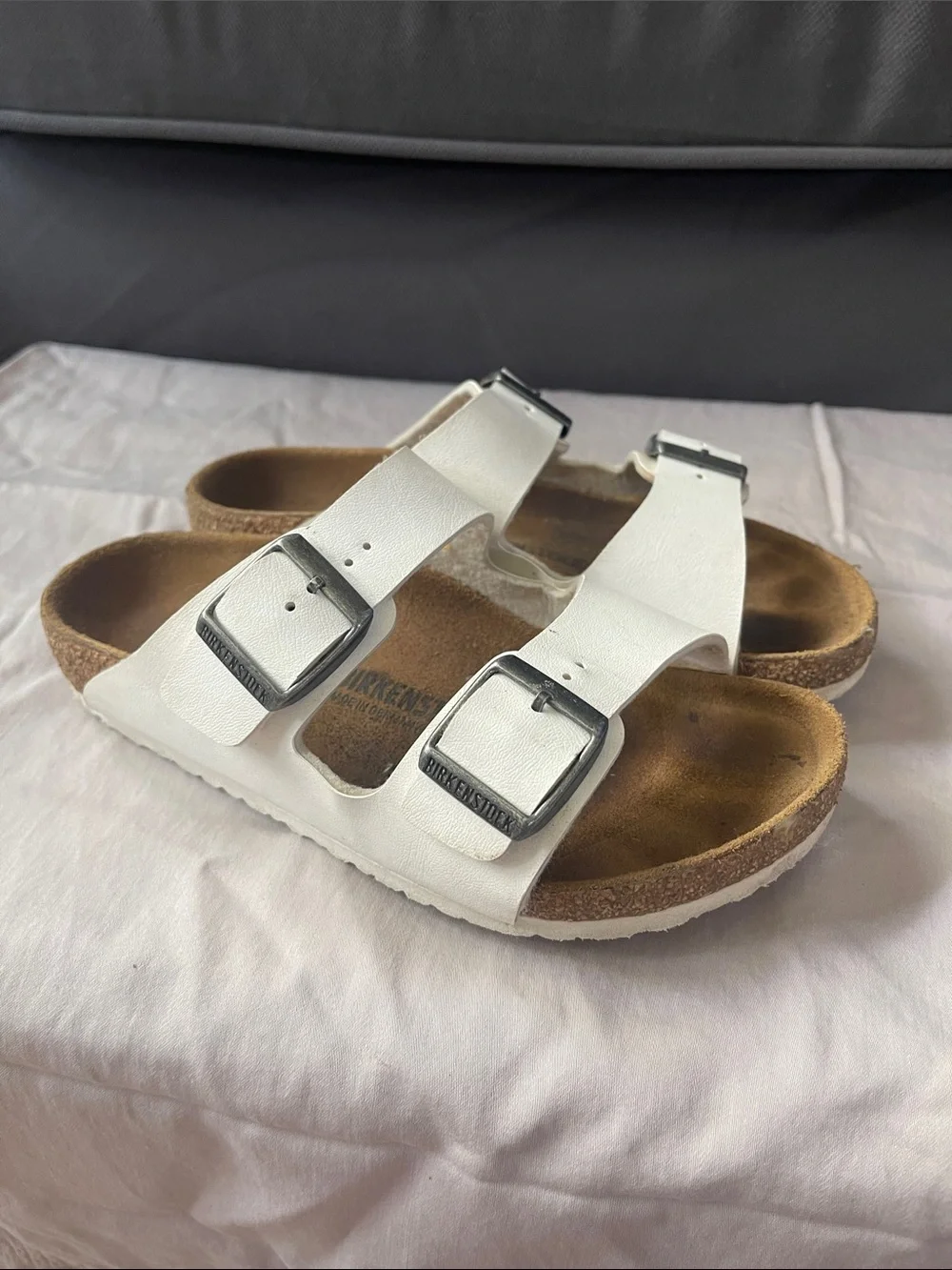 Birkenstock Kids White Arizona Two-Strap Sandal with Silver Buckles size 33
